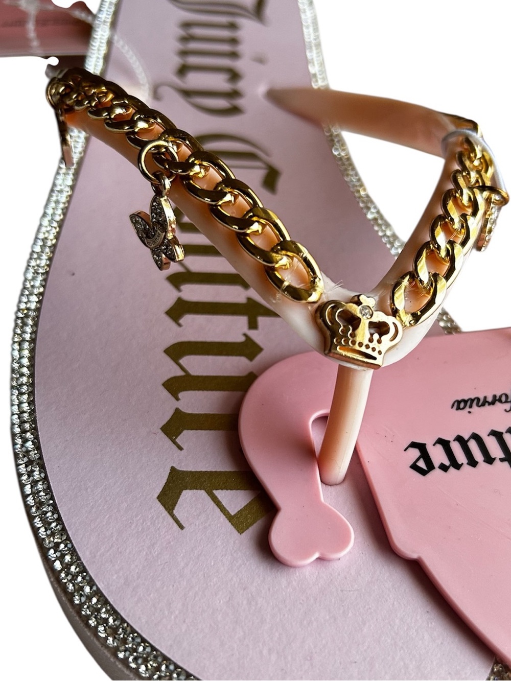 Juicy Couture Pink Y2K Charm Slide Sandals NWT Gold Chain Rhinestones Aesthetic - Picture 2 of 7